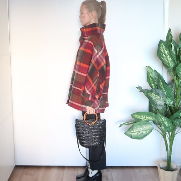 Talbots Multicolor Orange, Burgundy & Brown Wool Plaid Coat Size 16w - Picture 5 of 16